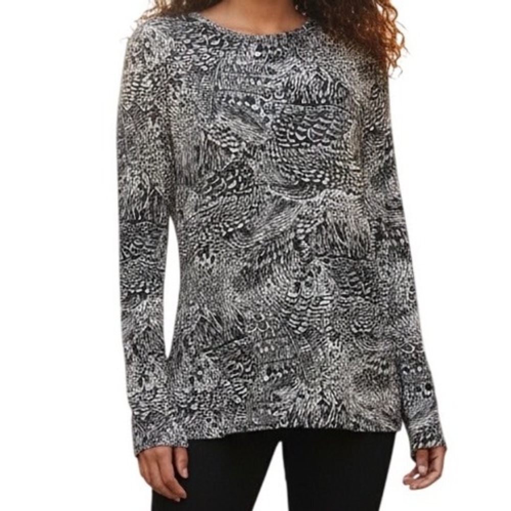 🆕 BCBGMAXAZRIA Black White Feather Graphic Knit Long Sleeve Top NWT $98 Large